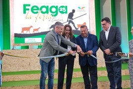 El consejero regional Narvay Quintero, la presidenta Lola García, el responsable insular Matías Peña y Manuel Miranda, consejero de Seguridad y Emergencias del Gobierno de Canarias, en el corte de cinta de la muestra que se aplazó por el paso de la borrasca.
