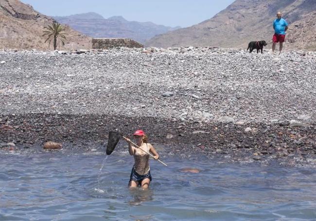 Una mujer combate con una red una de las primeras manchas de fuel en llegar a la costa.