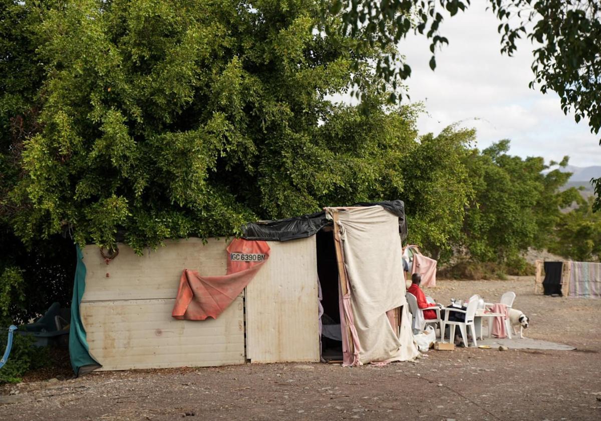 Imagen principal - Massiga, sentado, junto a su pequeña chabola. Debajo, dos escenas del interior de la infravivienda de José y Aisha. Ellos duermen en un segundo piso, bajo un árbol (a la derecha, escalera de acceso). 