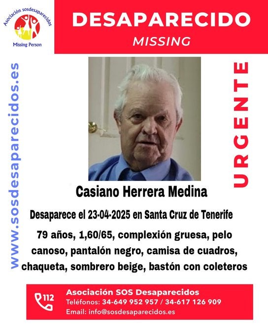 Activan la alerta de la desaparición de Casiano Herrera Medina en Santa Cruz de Tenerife