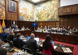 Vista del pleno del Cabildo con el Gobierno insular de NC y PSOE a la derecha.
