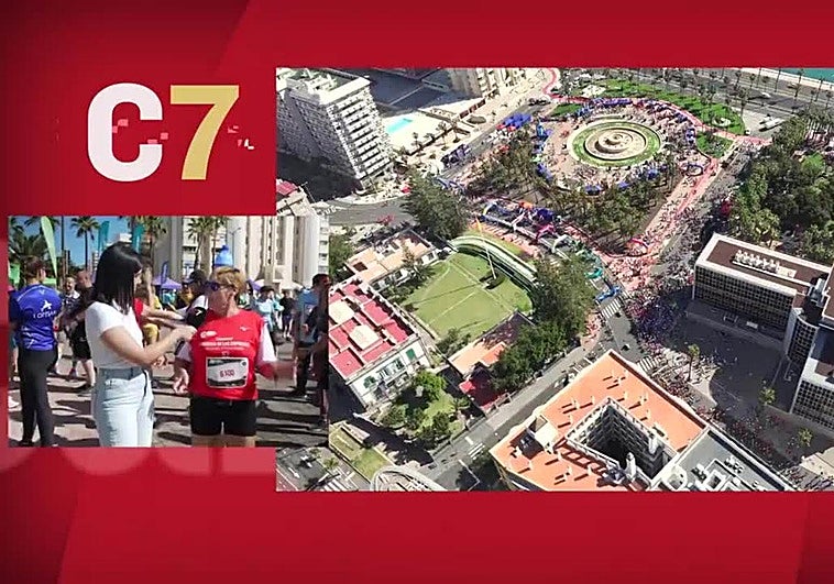 Imagen de la madre dando su testimonio junto a una vista de pájaro del ambiente en la Carrera de las Empresas.