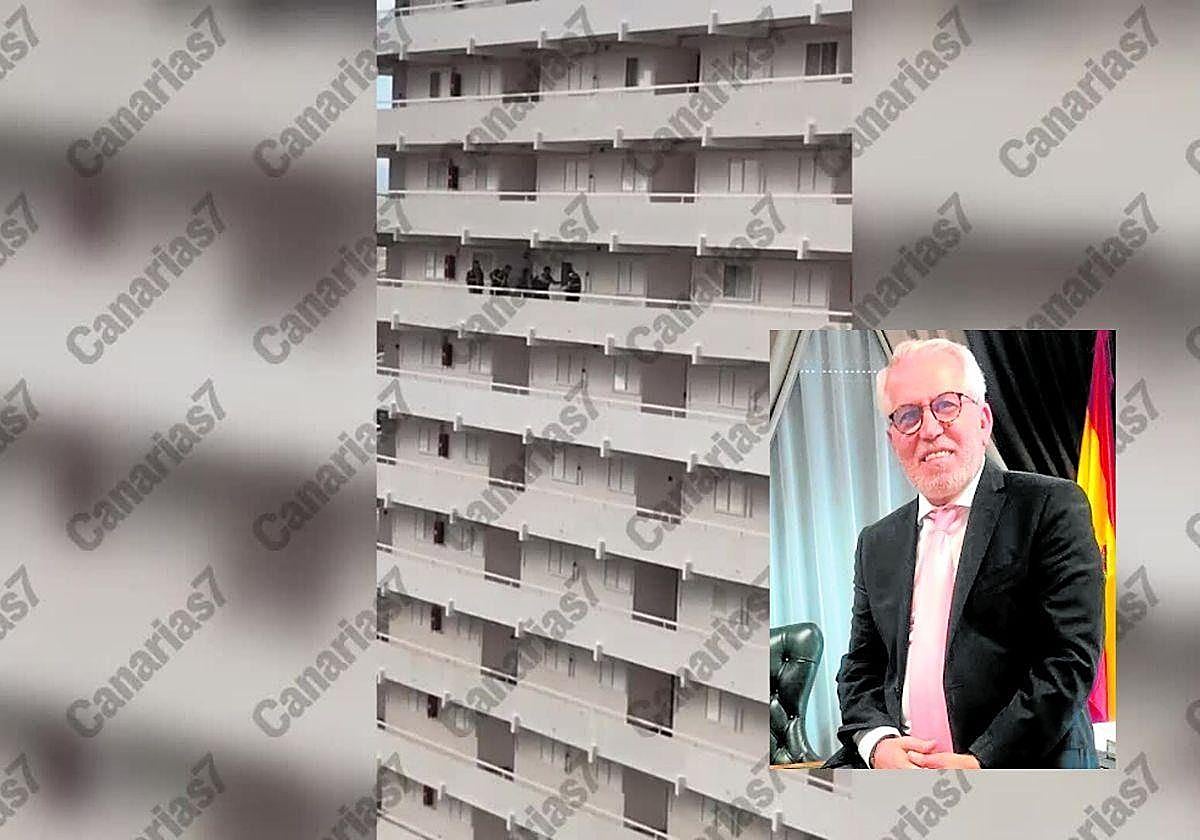 Imagen del edificio, situado en Tenerife, donde se produjo la detención el pasado 1 de mayo. En la imagen, el empresario detenido.