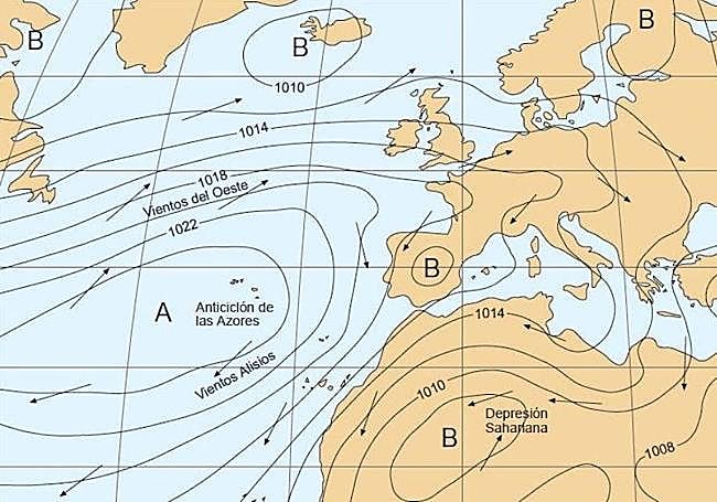 Situación del anticiclón de las Azores sobre el océano Atlántico.