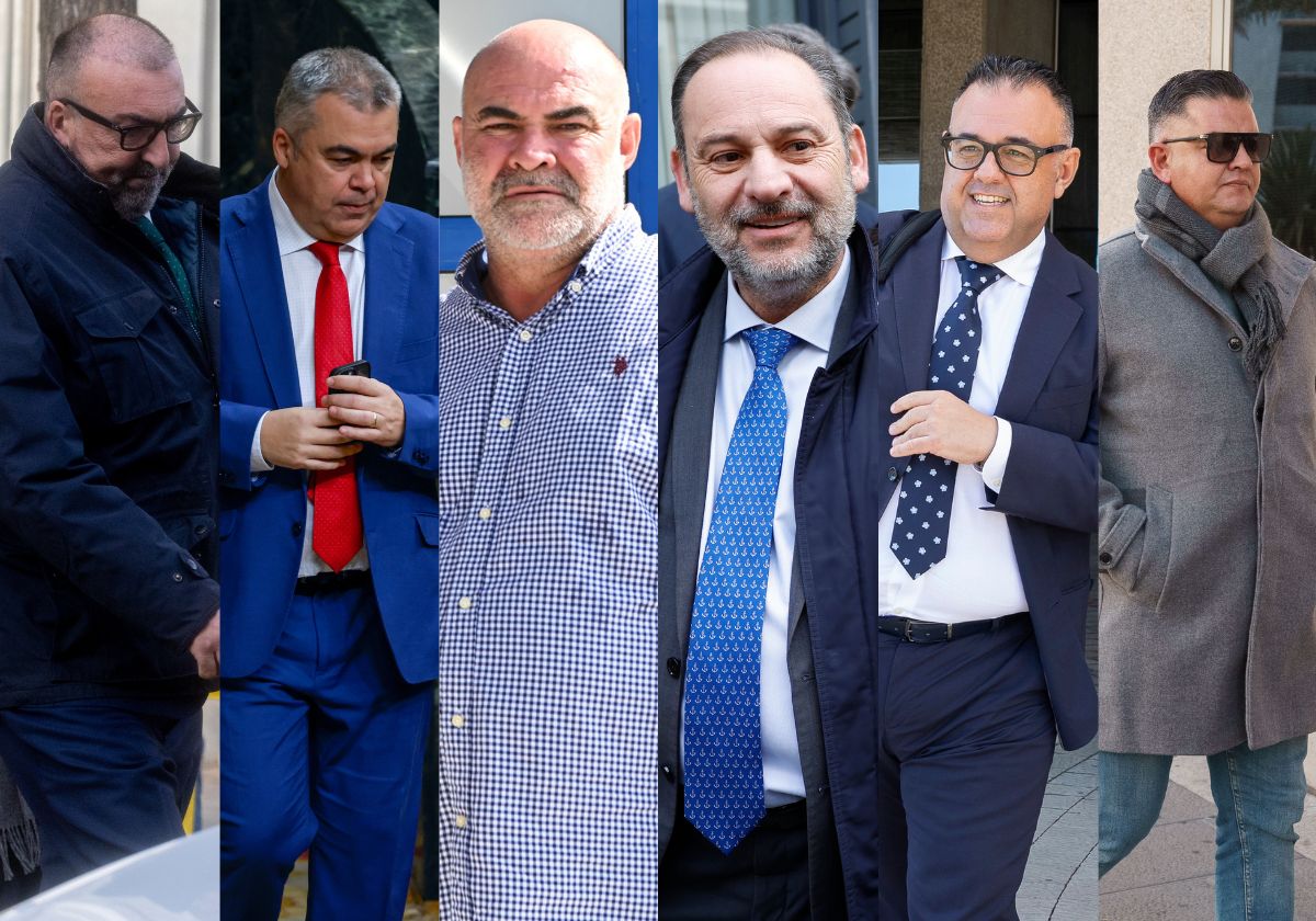 En las fotos, Koldo García, Santos Cerdán, Antonio Navarro Tacoronte, José Luis Ábalos, Conrado Domínguez y Taishet Fuentes.