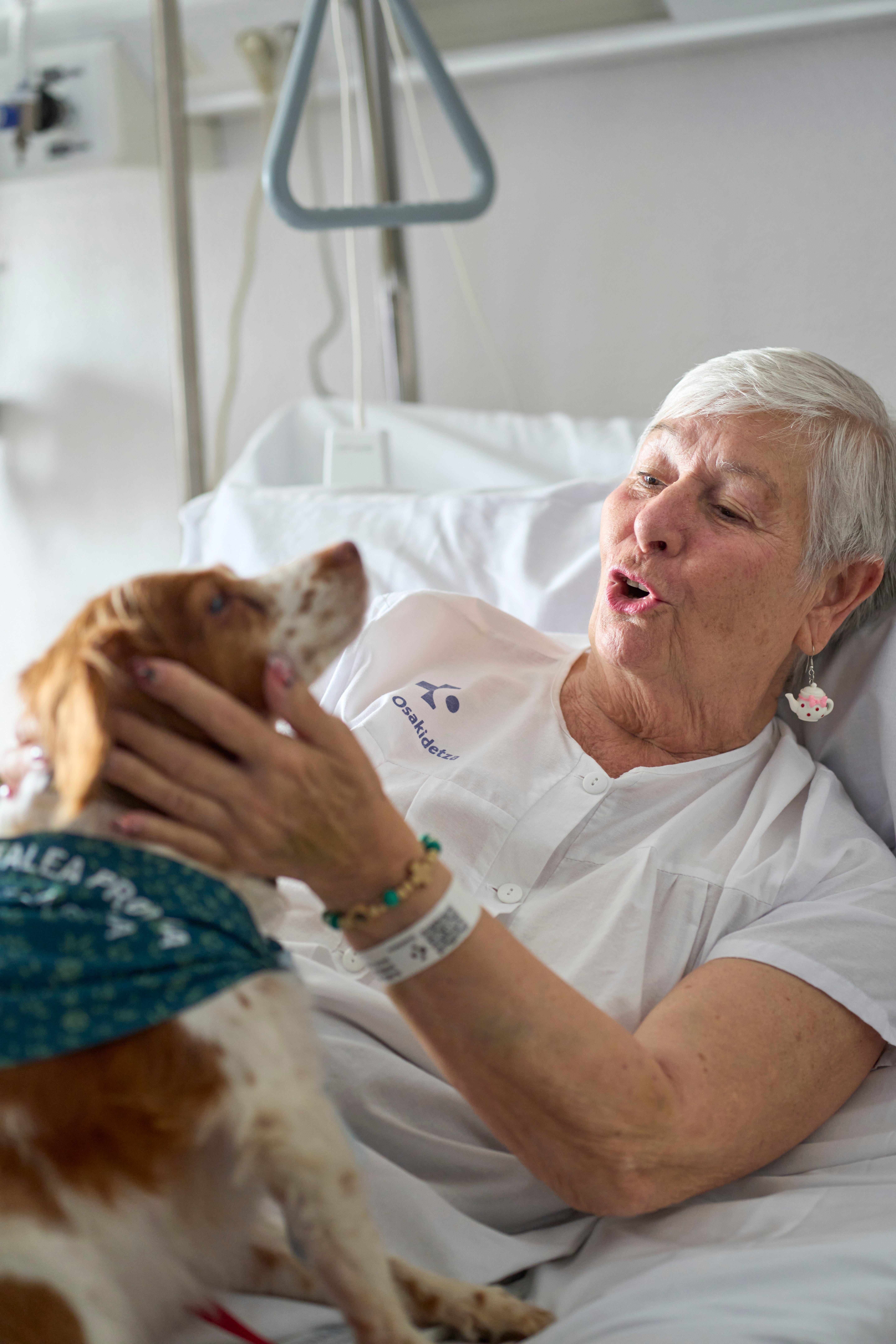 Una paciente acaricia a un perro en el hospital Txagorritxu