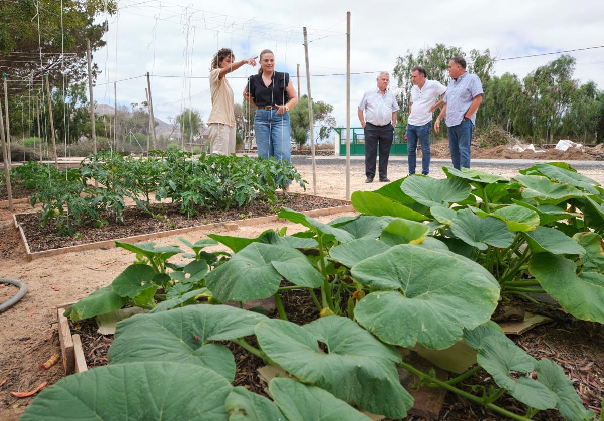 La consejera Nuria Cabrera y Antonio Ojeda, del SCE, entre otros, en el vivero de la estación biológica de La Oliva.