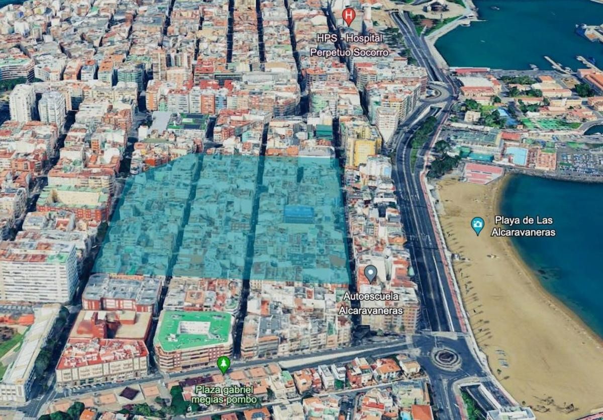 La zona de bajas emisiones de Las Palmas de Gran Canaria se muestra en tono azul en la imagen.