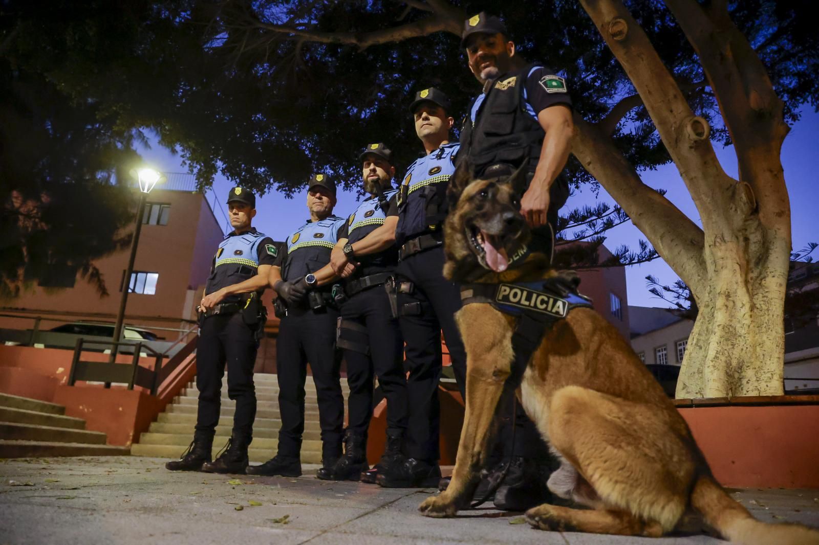 Benji junto a su guía, Rayco Sarmiento, y agentes de la Policía Local de Ingenio.