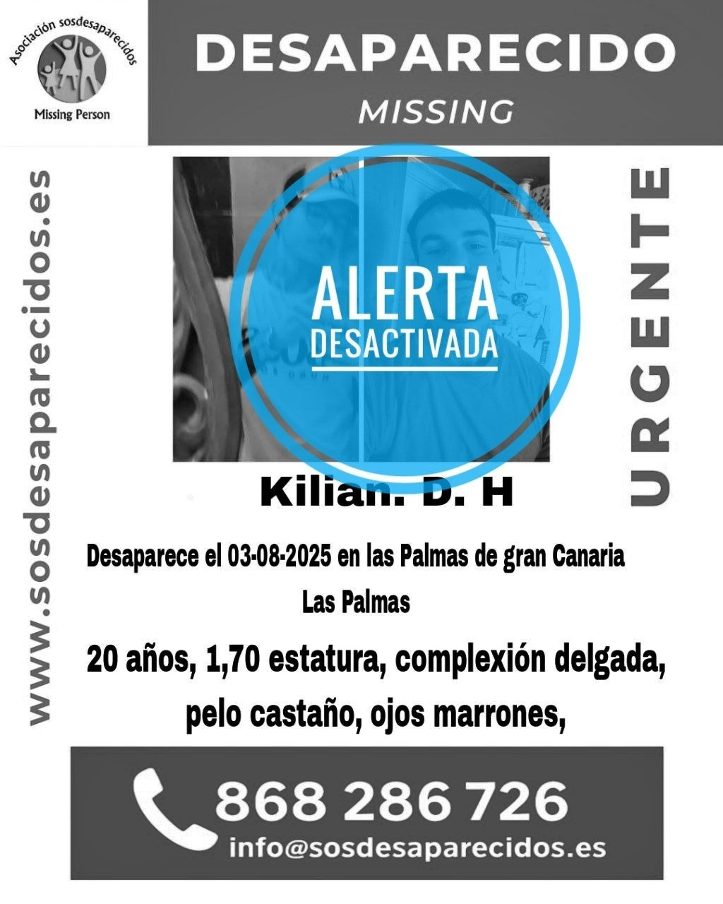 Imagen del cartel tras localizar a Kilian D.H.