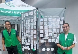 Dos voluntarios junto al panel cubierto de mensajes.