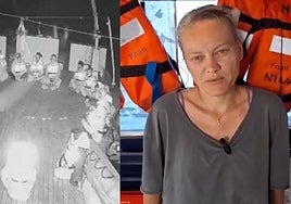 Imagen de la Flotilla esta madrugada y de la activista Bianca Miratchitz, residente en Gran Canaria y miembro de una de las embarcaciones.