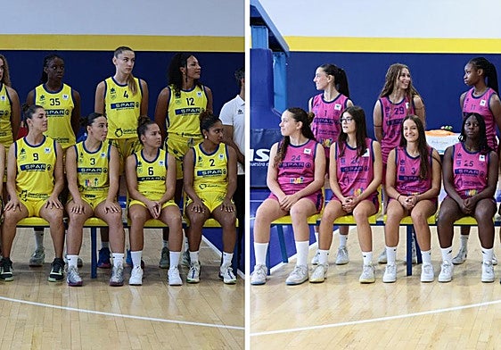 La plantilla del SPAR Gran Canaria de Liga Endesa (i.) y de LF2 (d.) arrancan este sábado sus respectivos periplos sobre el parqué nacional.