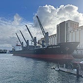 Un buque que transporta millo atracado en el Puerto de la Luz.