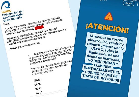 Correo fraudulento que han recibido los alumnos y alerta lanzada por la ULPGC.