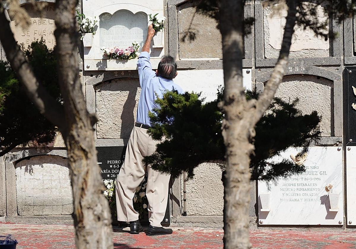 Una persona cambiando las flores a sus seres queridos este viernes en el cementerio de San Lázaro.