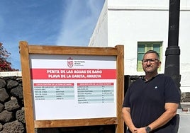 Cartel en zona de baño en Arrieta, con el concejal Marcos Lemes.