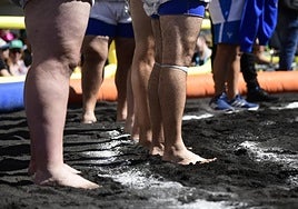Detalle de las piernas de varios luchadores sobre la arena de un terrero.