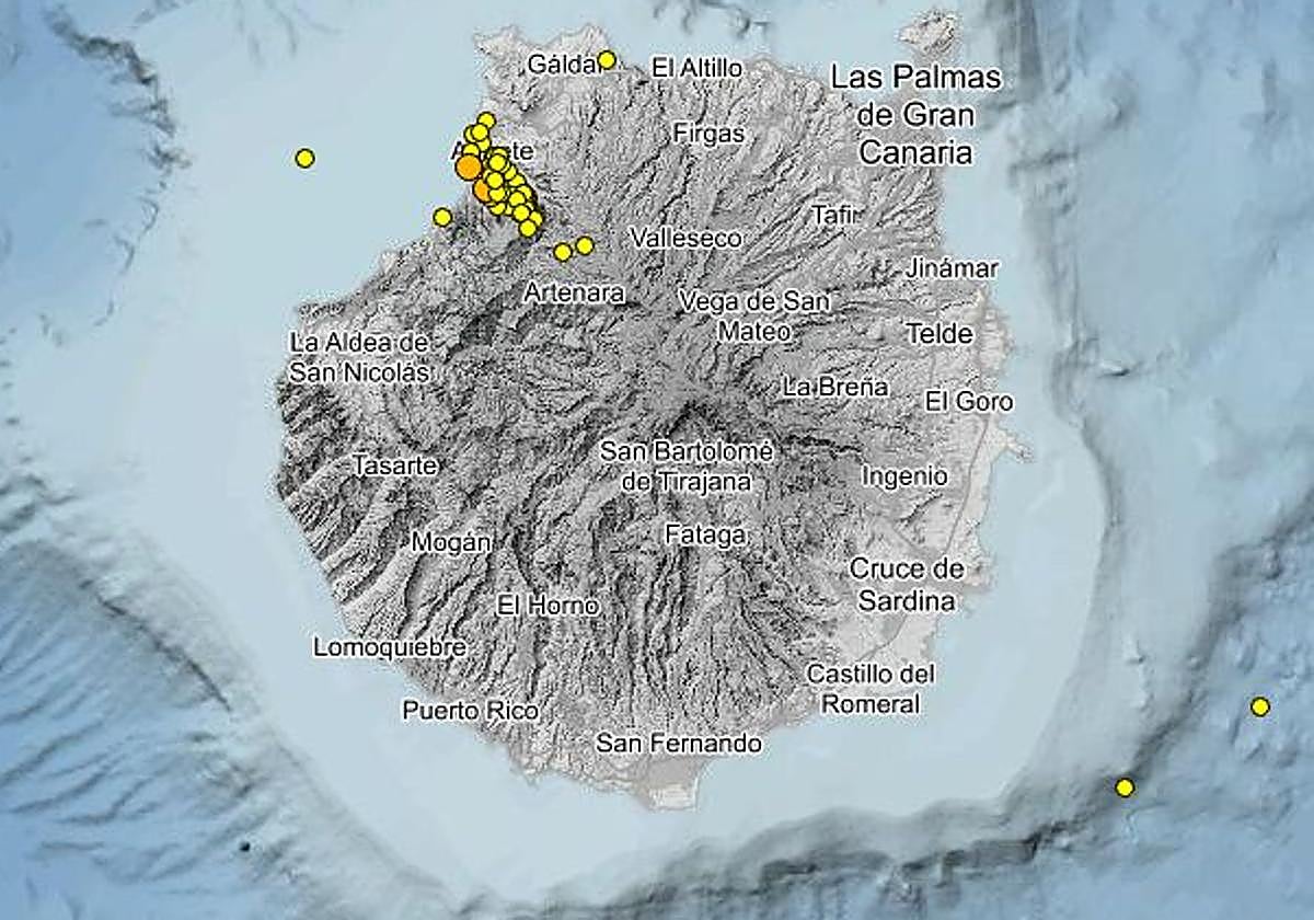 Imagen de las localizaciones de los terremotos registrados en Gran Canaria en los últimos 30 días.