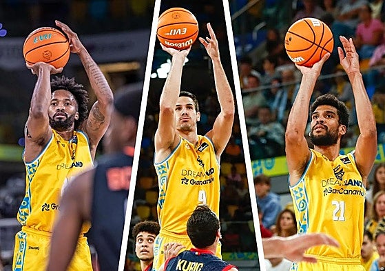 De izquierda a derecha, Braian Angola, Nico Brussino y Louis Labeyrie, tres de los jugadores amarillos que más se han prodigado desde el perímetro en esta temporada ACB.
