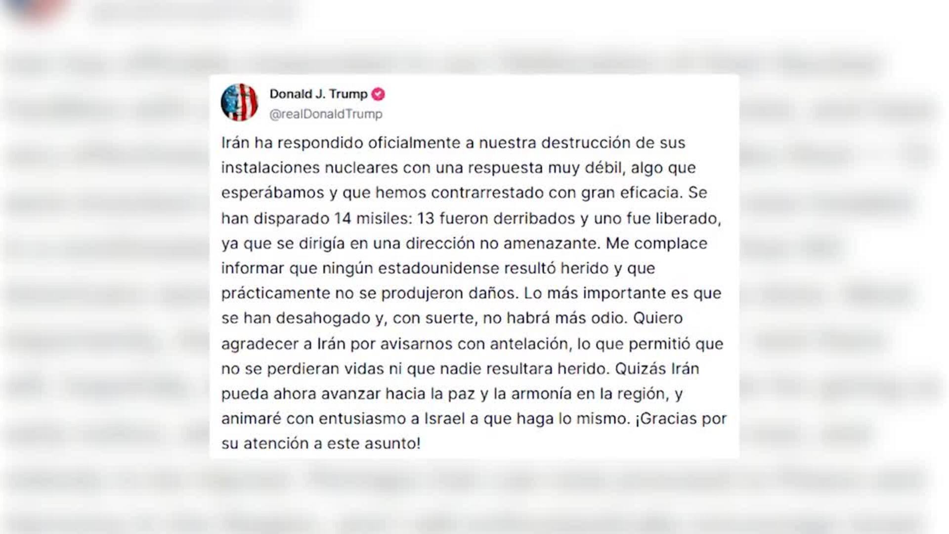 Trump agradece a Irán que avisara de su ataque en Qatar y le invita a "seguir en paz"