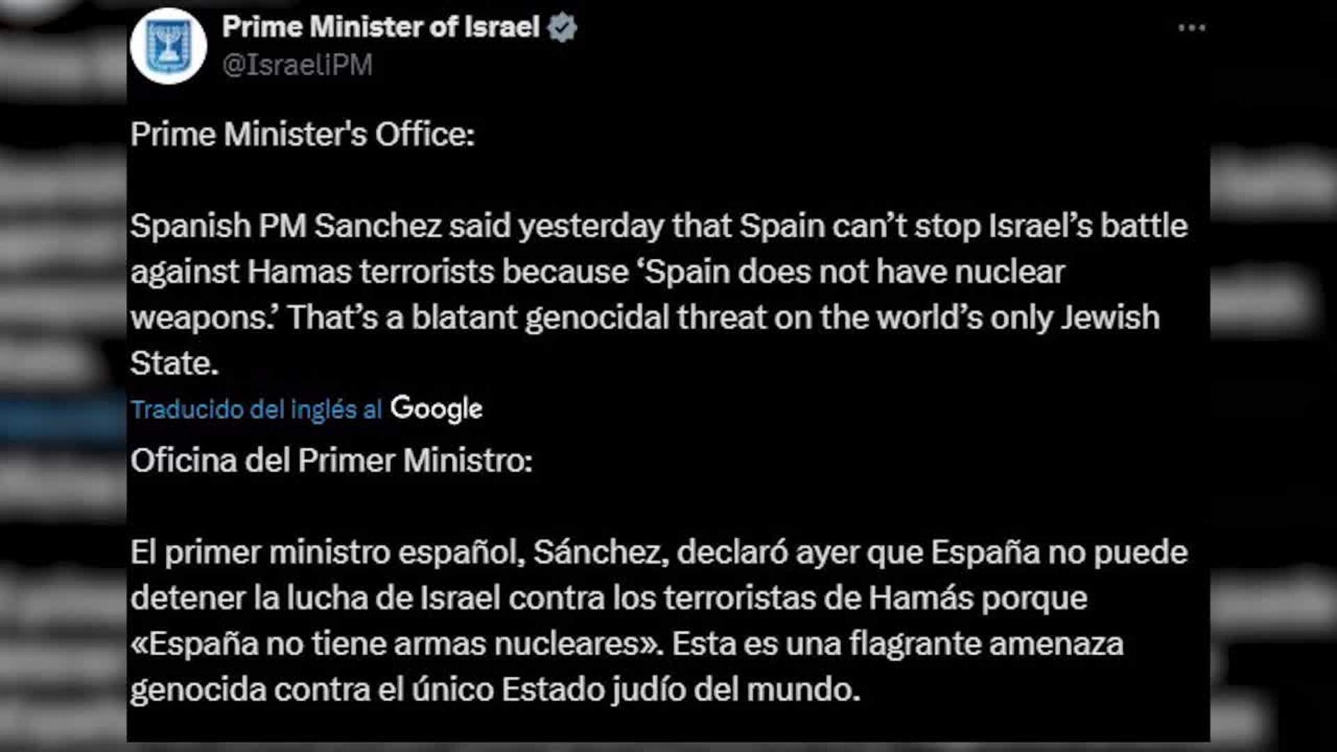 Netanyahu acusa a Sánchez de realizar una "amenaza genocida flagrante" contra Israel