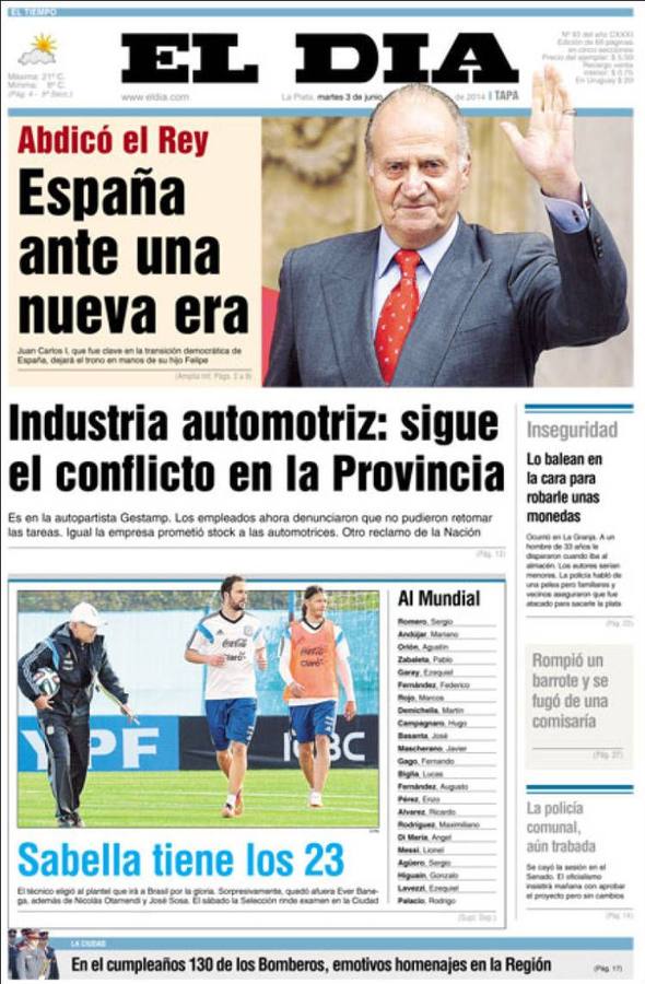 Portada del argentino El Día.