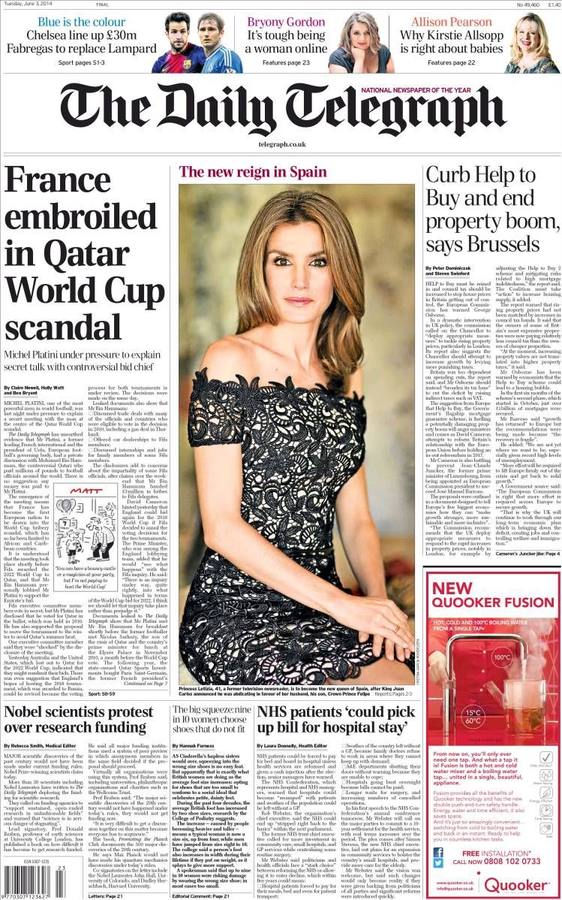 Portada del británico Daily Telegraph.