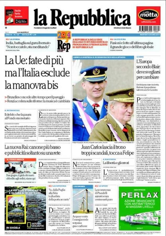 Portada del italiano La Repubblica.