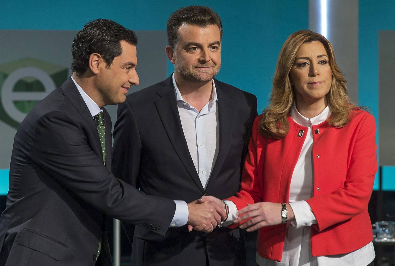 Un tenso debate a tres para las elecciones andaluzas. Díaz (PSOE), Moreno (PP) y Maíllo (IU) se enfrentan en el debate de TVE