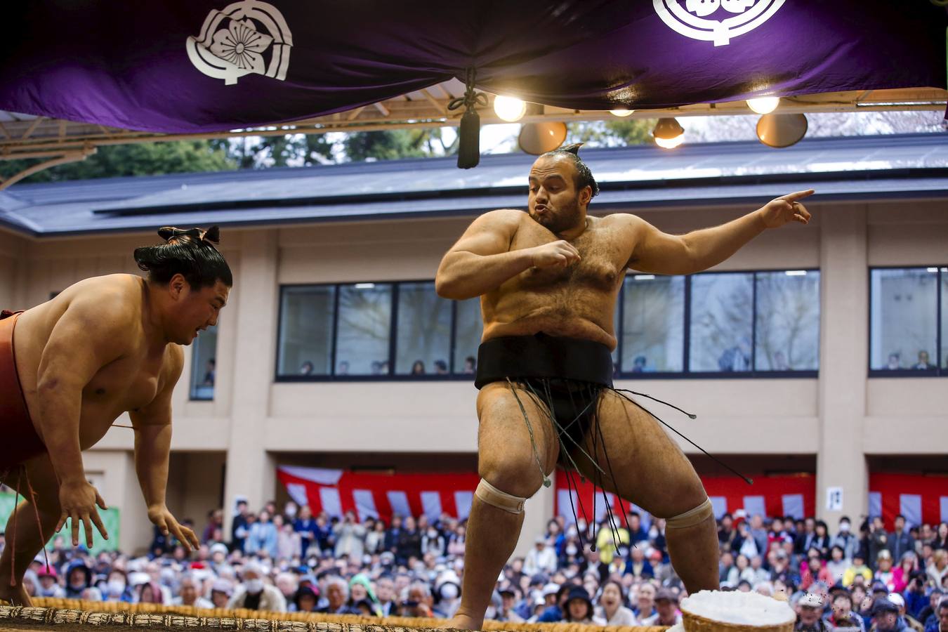 Luchadores de sumo participan en una exhibición anual en el santuario Yasukuni de Tokio