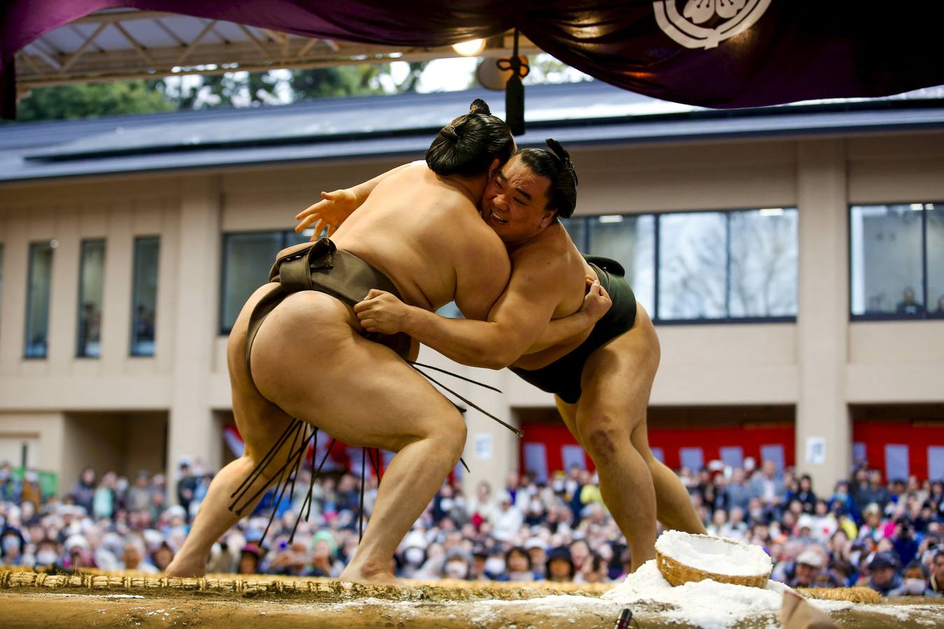 Luchadores de sumo participan en una exhibición anual en el santuario Yasukuni de Tokio