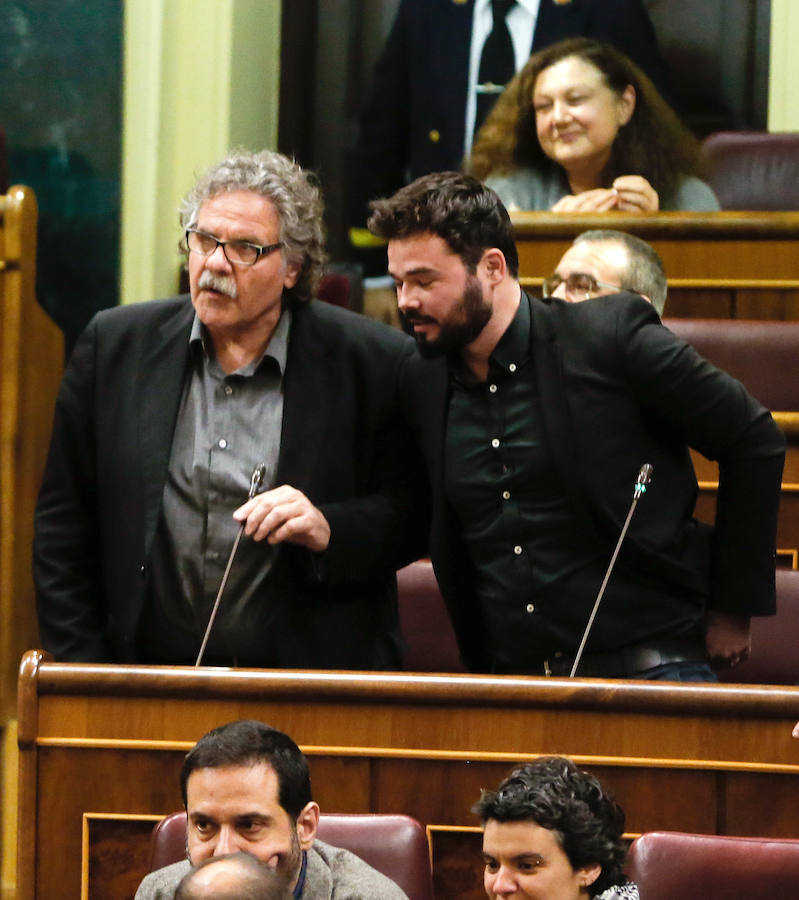 El portavoz parlamentario de ERC, Joan Tardà (i), y el portavoz adjunto, Gabriel Rufián (d), se levantan para intervenir desde sus escaños en la sesión plenaria.