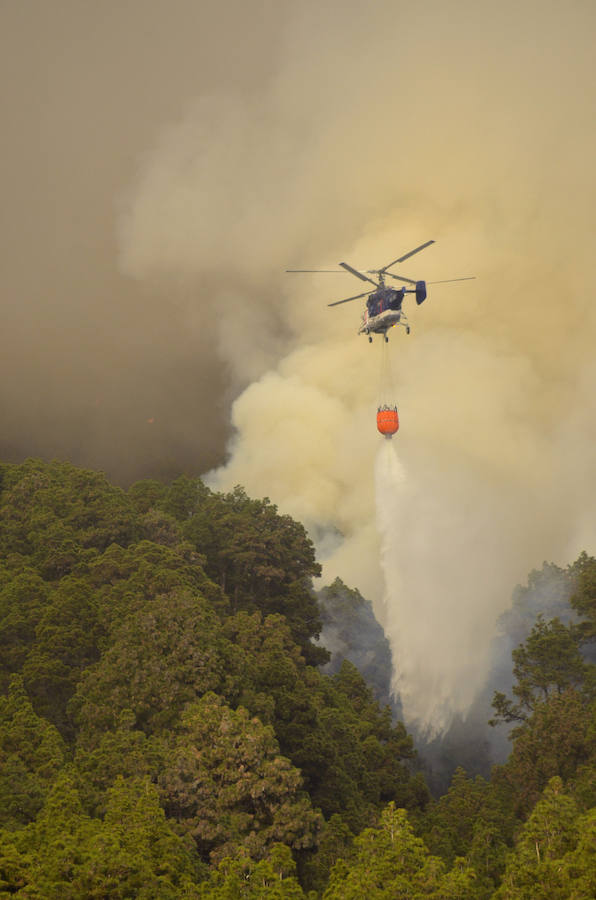 Helicópteros del Gobierno de Canarias y del dispositivo estatal participan en las labores de extinción del incendio forestal.