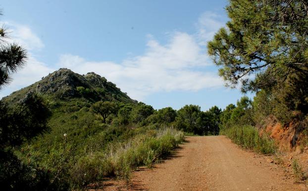 Imagen principal - Carril de tierra desde el que se ven restos del castillo (a la izquierda) | Panel indicativo a los pies del cerro del castillo | Sendero angosto por el que se asciende a la antigua fortaleza