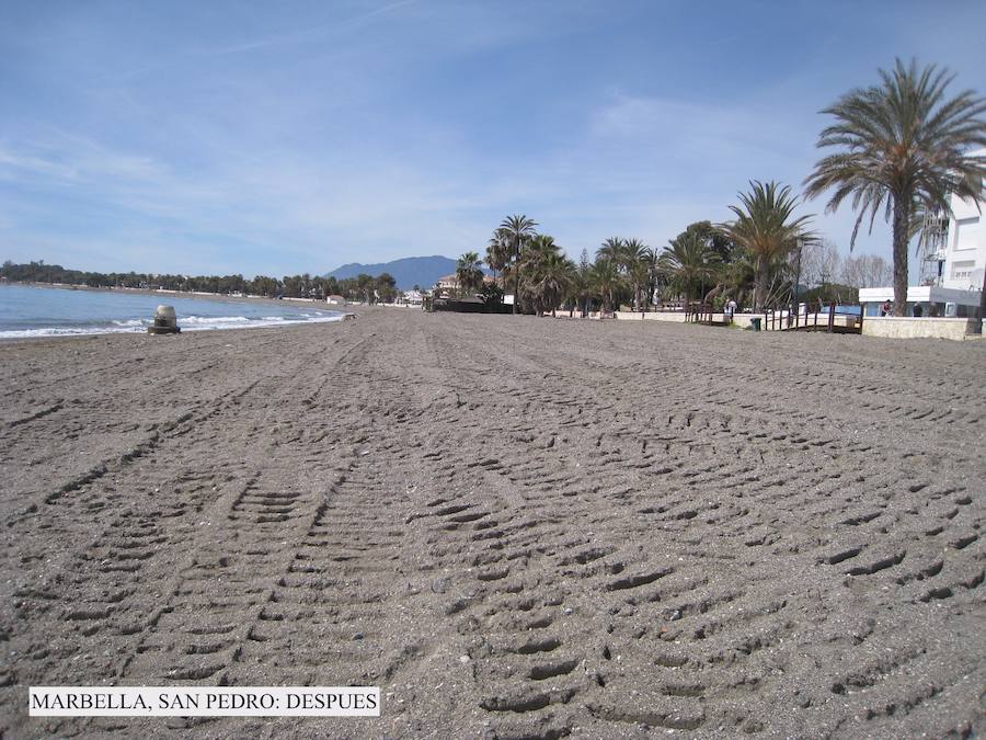 Así estaban y así se encuentran en la actualidad las playas de la provincia de Málaga tras los trabajos de mejora realizados tras los temporales.