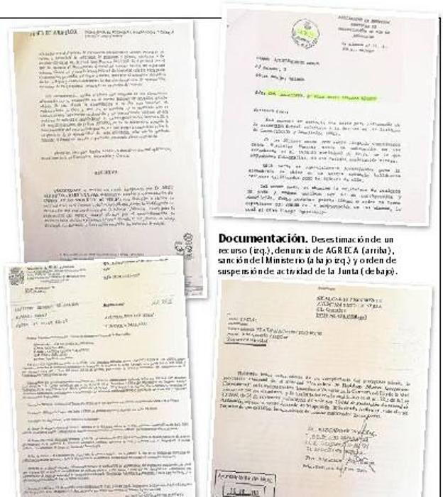 Desestimación de un recurso (izq.), denuncia de AGRECA (arriba), sanción del Ministerio (abajo izq.) y orden de suspensión de actividad de la Junta (debajo).