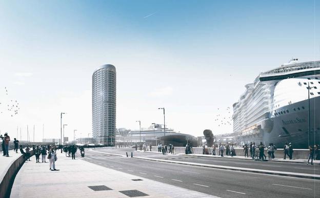 Recreación de la torre prevista en el dique de Levante. 