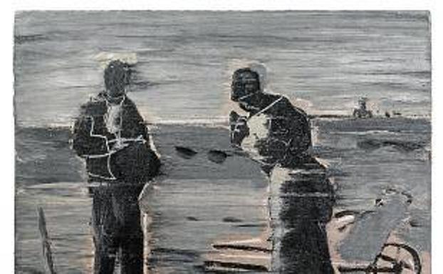 Imagen principal - En la imagen superior, la Historia del Arte aflora en piezas como esta ‘Interpretación del Ángelus de ‘Millet’ (Rafael Alvarado). A la izquierda, obra sobre papel titulada ‘Juegos festivos de verano’ (Chema Lumbreras). Al lado, ‘Traslado Gomino II’, escultura en bronce que forma parte de la exposición (Paco Aguilar). 