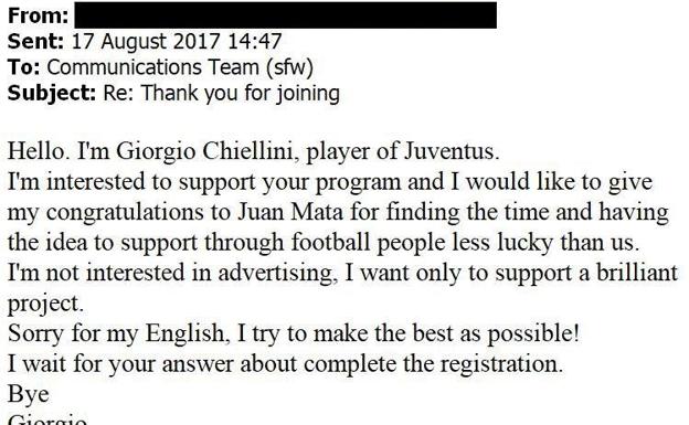 El mail que envió Chiellini a los responsables del proyecto. 