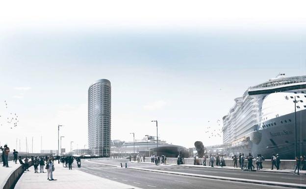 Recreación de la torre para un hotel de lujo prevista en el dique de Levante del Puerto de Málaga.