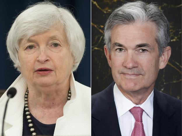 Janet Yellen, presidenta actual de la Reserva Federal, y Jerome Powell, candidato más probable a sucederla. :: b. leckman / afp
