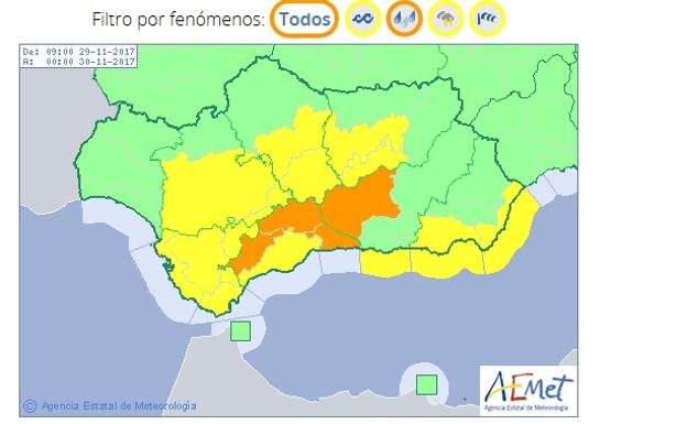 Aemet eleva a naranja el aviso en Málaga para hoy por fuertes lluvias