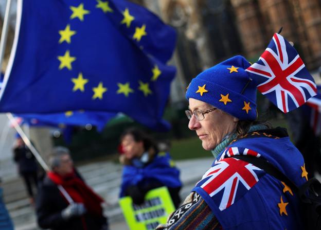 Una mujer a favor de la permanencia del Reino Unido en la Unión Europea protesta ante el Parlamento británico. :: Hannah McKay /reuters