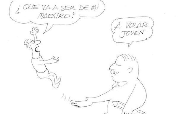 Imagen principal - Peridis. El dibujante y arquitecto reconocía en esta viñeta la maestría de Manuel García Duarte.Idígoras. Homenaje a Elgar con el cuerpo de uno de sus personajes.Pachi. El humorista elevaba a monumento la obra de Elgar con el reconocible trazo de uno de sus personajes. 