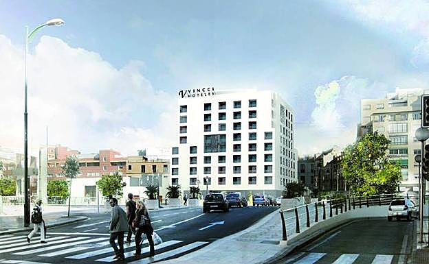 Recreación del hotel diseñado por Rafael Moneo, visto desde la trasera de Hacienda.