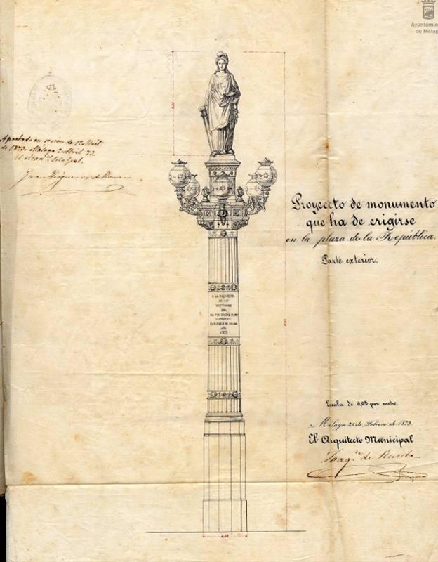 Boceto del monumento proyectado en la plaza de la República (hoy la Constitución) en homenaje a los caídos en las revueltas. Firma: Archivo Municipal.