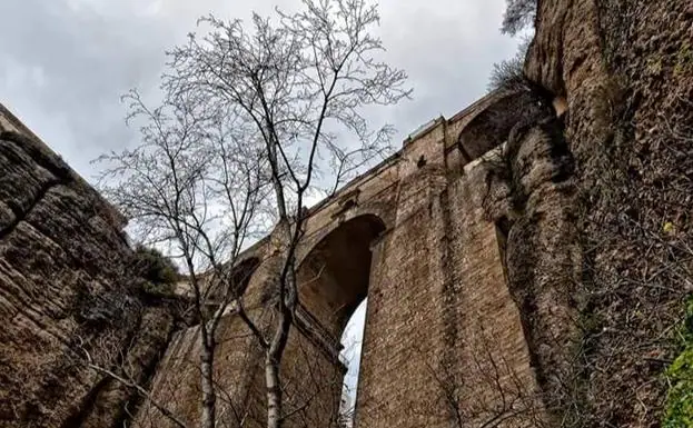 Una imagen poco habitual del Tajo y del Puente Nuevo de Ronda, desde abajo. 