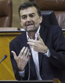 Imagen secundaria 2 - Juan Marín escucha con atención en el pleno. Abajo, Teresa Rodríguez, durante su intervención y Antonio Maíllo, en el estrado. 