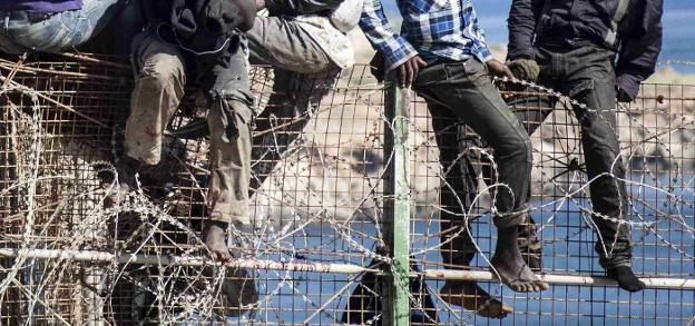 Varios inmigrantes tratan de atravesar las concertinas en la valla de Melilla. :: reuters